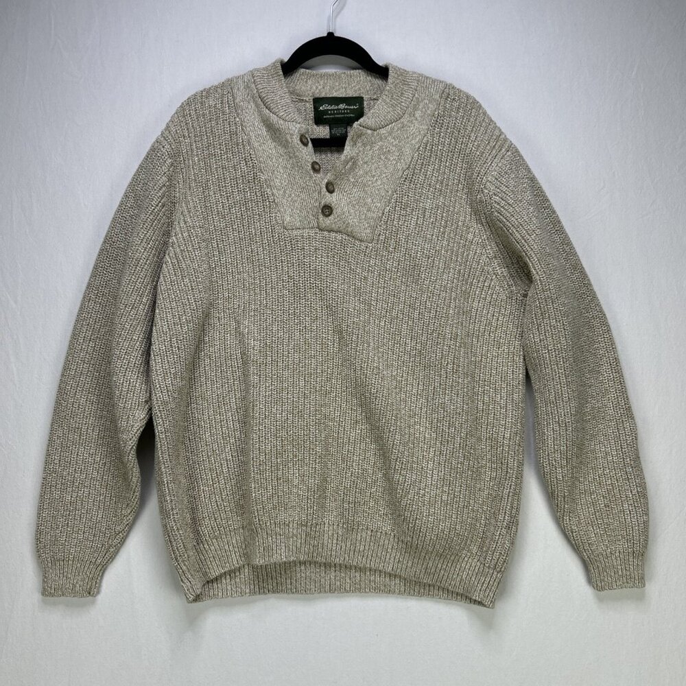 Eddie Bauer Heritage Sweater Men's XL 1/4 Button Henley Cotton Cable Knit Beige